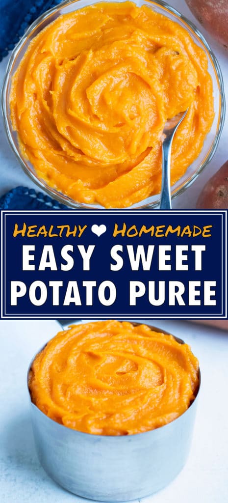 Homemade sweet potato puree in a glass bowl has a smooth and creamy texture.