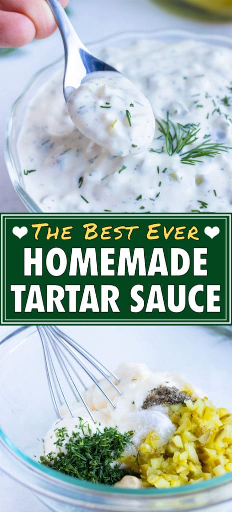 Quick and easy tartar sauce is lifted up by a spoon before serving.