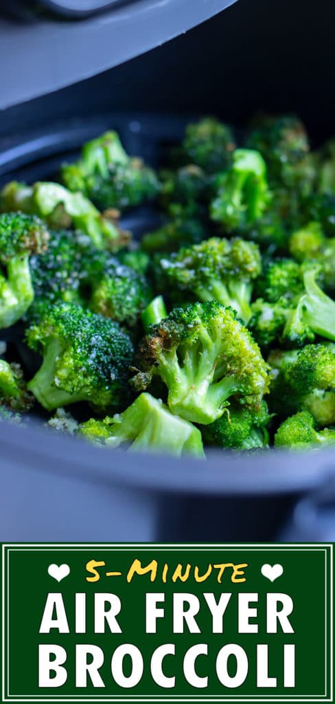 Roasted broccoli is cooked in the air fryer for a healthy side.