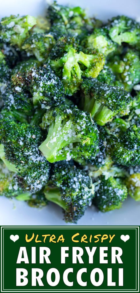 Air fryer broccoli is topped with parmesan cheese for. a low-carb and keto side.