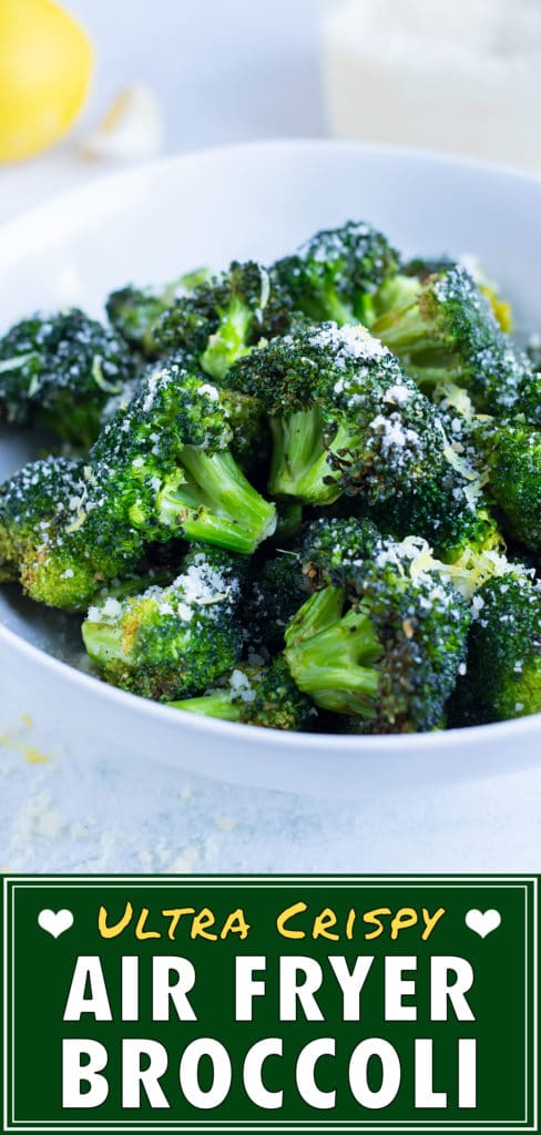 Crispy broccoli is filled in a white bowl for a healthy side dish.