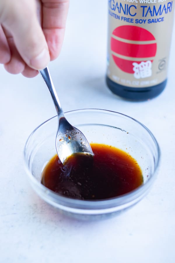 Sriracha, soy sauce, and honey are mixed for an Asian drizzle.