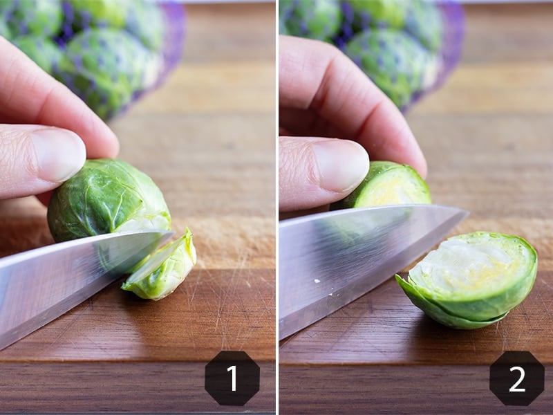 Instructional pictures showing how to prepare brussels sprouts for this recipe.