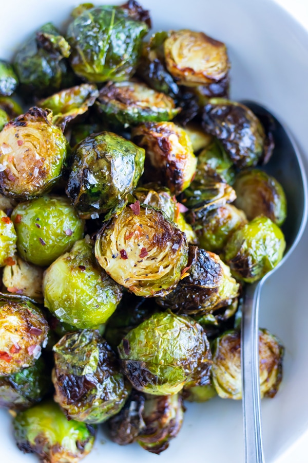 Air fryer brussels sprouts are served for a healthy, vegan side dish.
