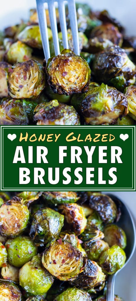 Crispy air fryer Brussels sprouts are served in a bowl for a healthy dish.