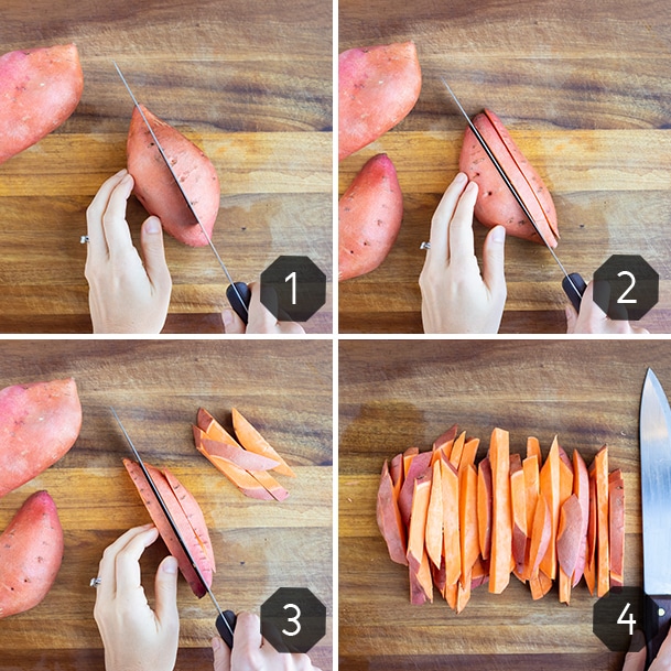 Step by step pictures for cutting sweet potato fries into slices.