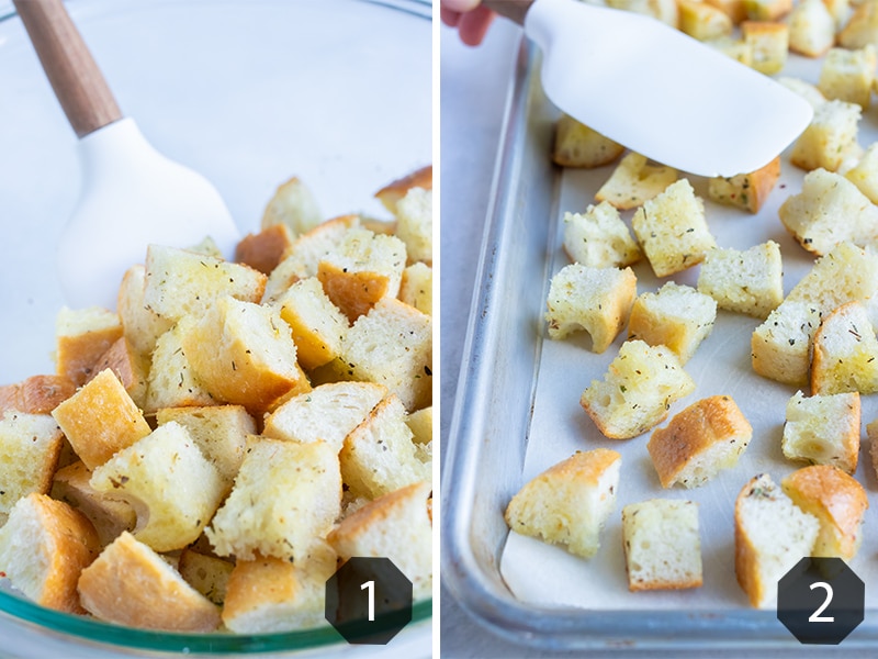 Instructional pictures for how to make homemade croutons. 