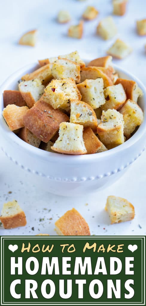Easy homemade croutons are placed in a bowl before adding to soups and salads.