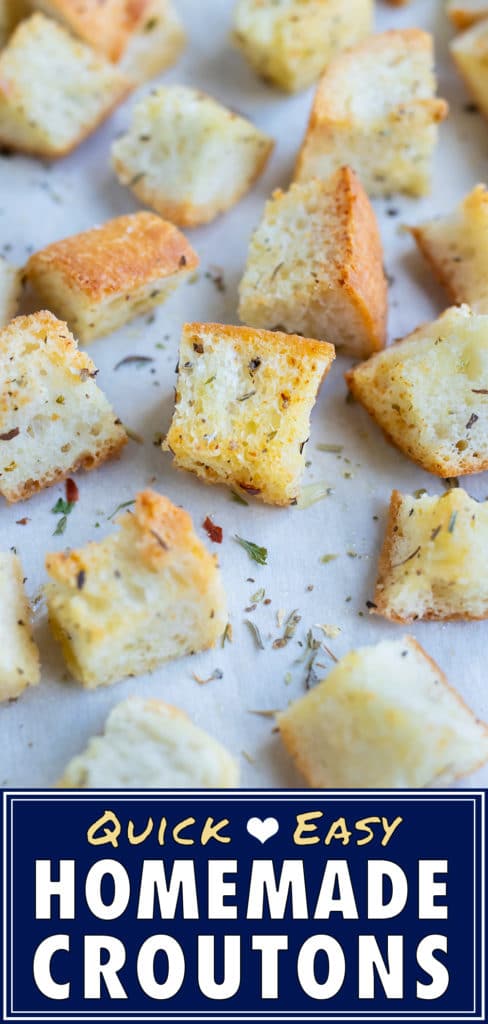 Bread cubes are baked in the oven in this homemade croutons recipe.