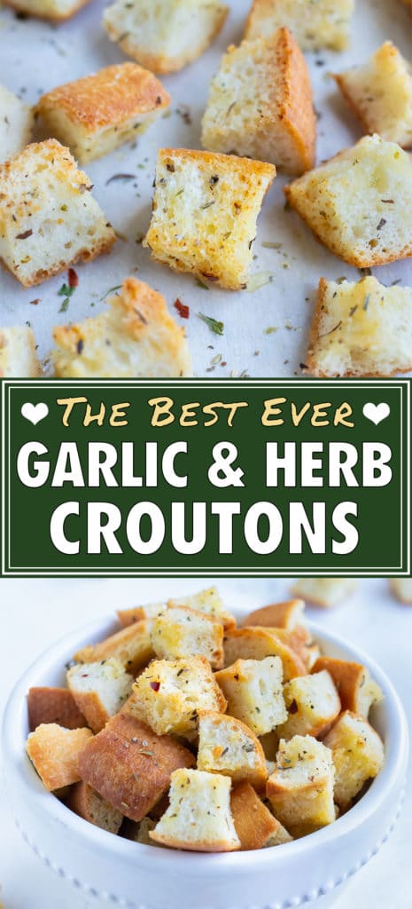 Easy homemade croutons are taken out of the oven after 15 minutes.