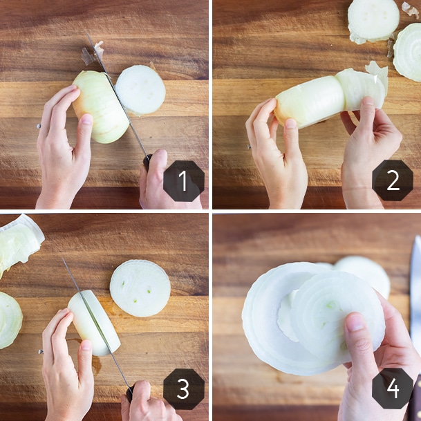 Step by step instructions for how to cut onion rings.