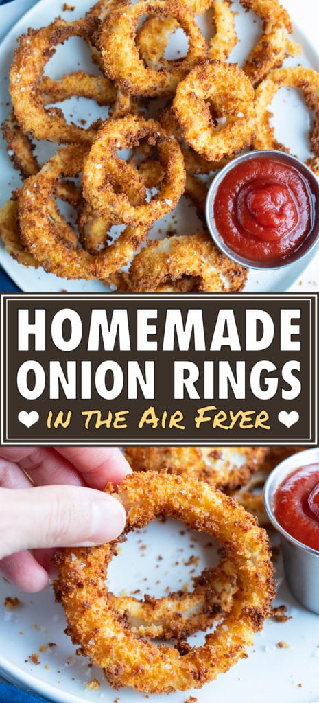 Ultra crispy onion rings are served as an appetizer on a white plate.