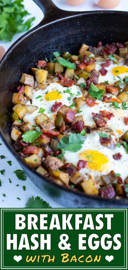 Breakfast hash and egg is set on the counter for a dairy-free recipe.
