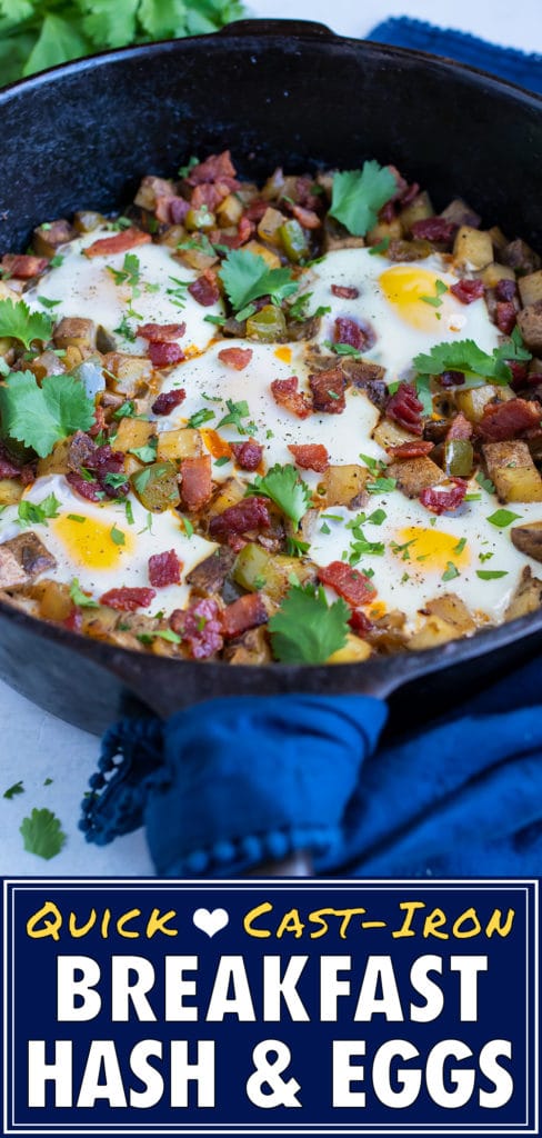 Potatoes, eggs, bacon, and vegetables are served for a Cajun breakfast recipe.