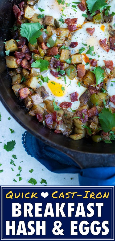 Hash and eggs are topped with fresh cilantro in this brunch recipe.