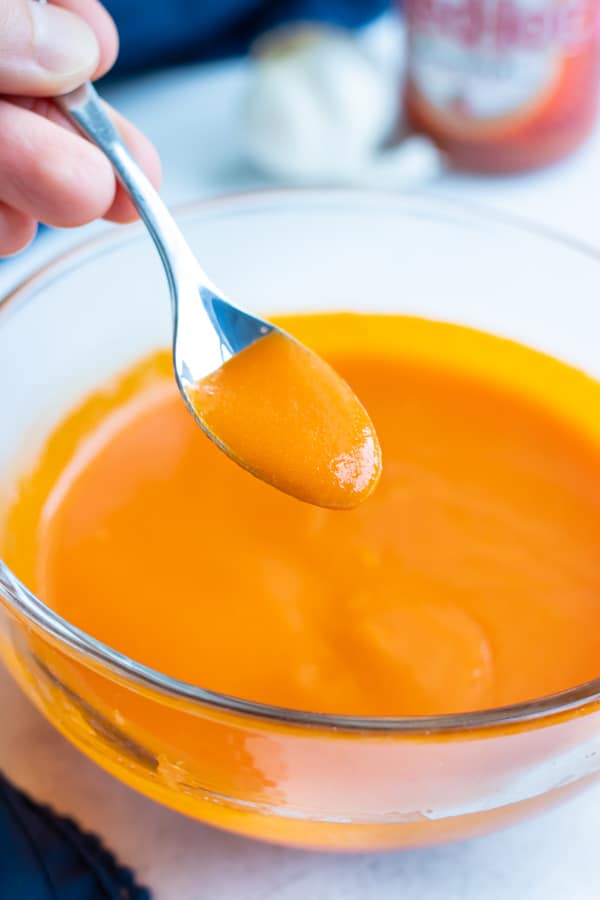 Homemade buffalo sauce is made in just a few minutes for an easy, spicy sauce.