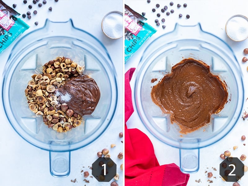 Instructional pictures showing how to make homemade nutella.