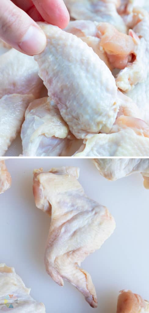 Whole chicken wings are shown before being cut into pieces.