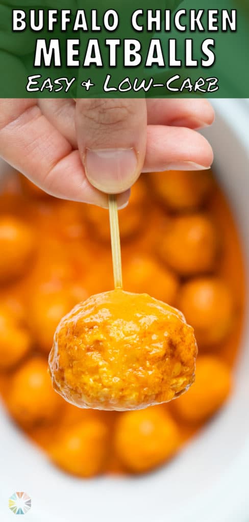 Gluten-free crockpot appetizer meatballs made with Buffalo chicken on a white plate.