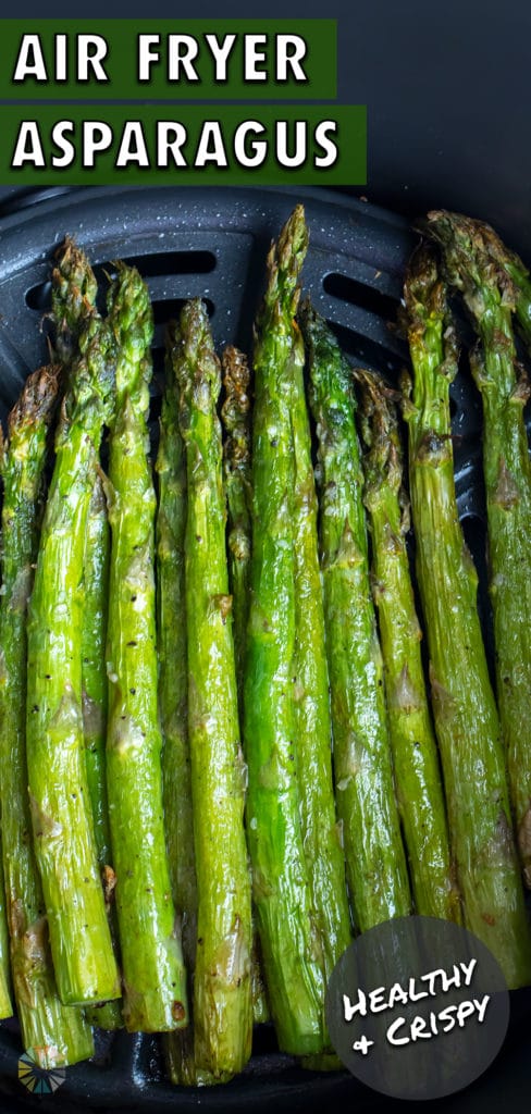 Crispy asparagus stalks are cooked in an air fryer for a healthy side.