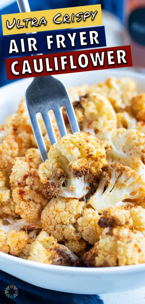 Low-carb air fryer cauliflower is eaten with a fork.