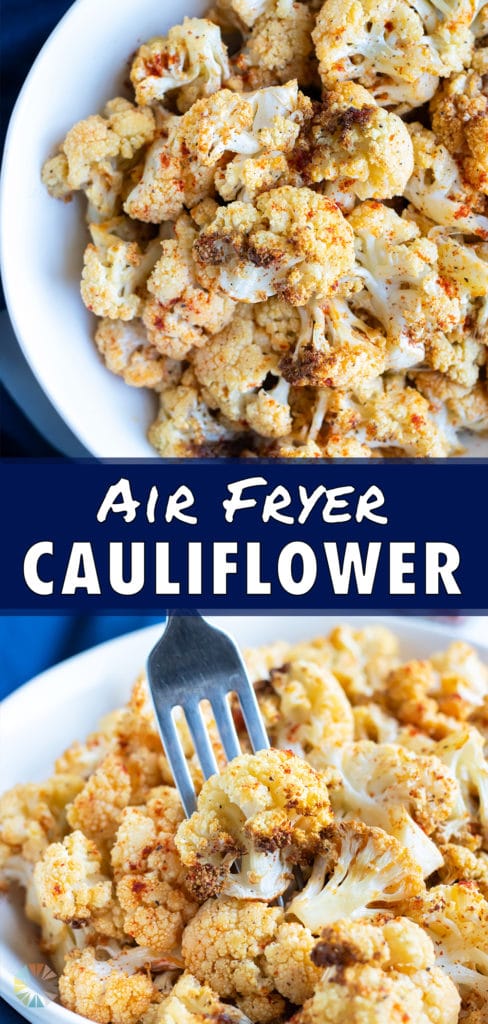 Easy air fryer cauliflower is placed in a white bowl.