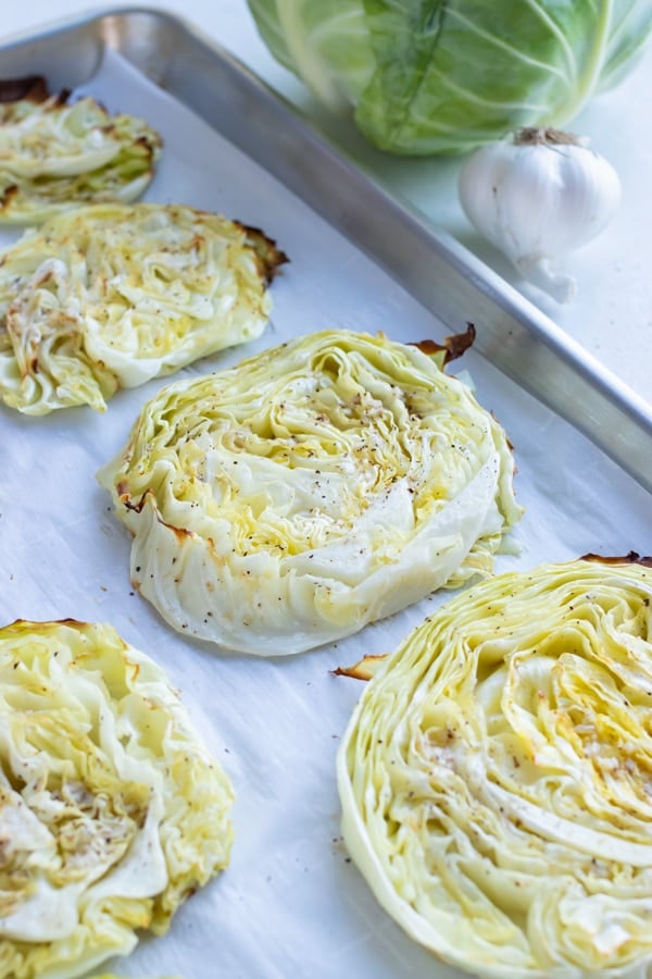 Vegan cabbage steaks roasted in the oven.