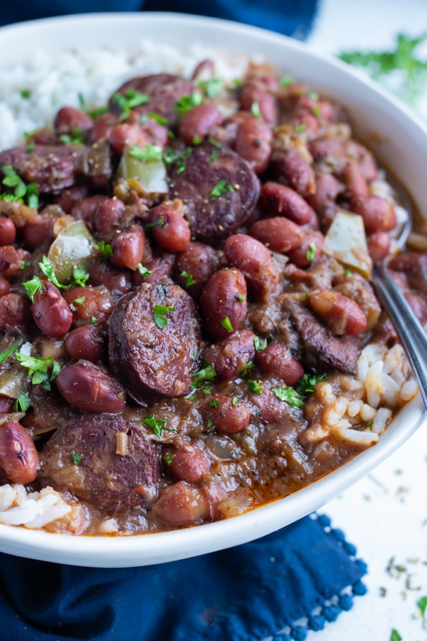 This Cajun recipe is loaded with tender red beans, flavorful broth, and andouille sausage.