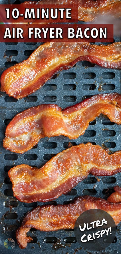 Slices of cooked bacon are shown in the air fryer after cooking.