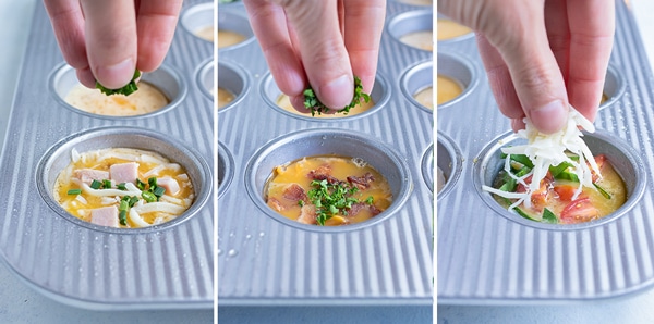 Side by side pictures showing how to add different ingredients to the egg cup base.