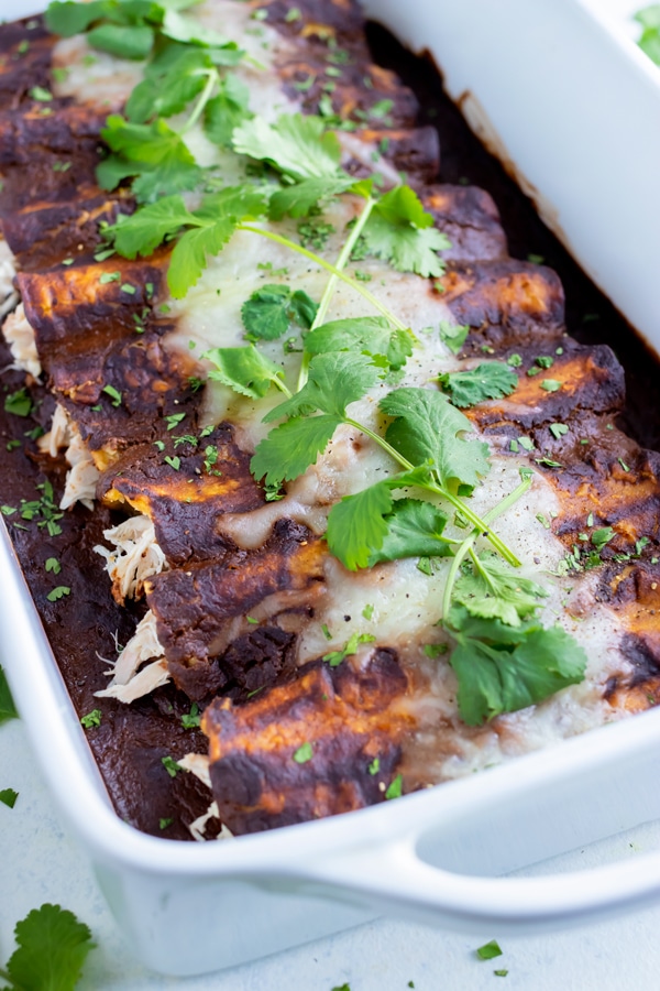 A pan of chicken mole enchiladas are shown on the counter.