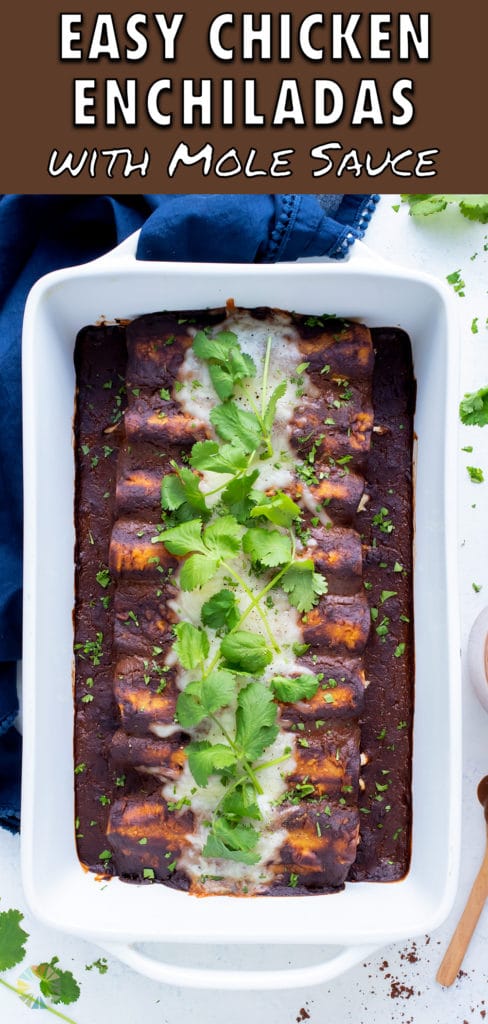 Chicken enchiladas smothered in mole sauce are shown in a casserole pan.