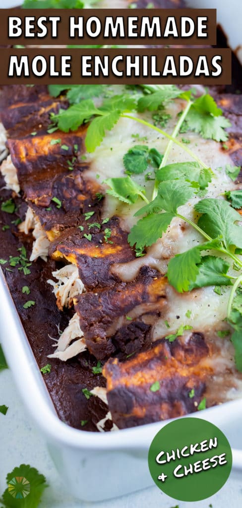 Chicken mole enchiladas are served for an easy Mexican meal.