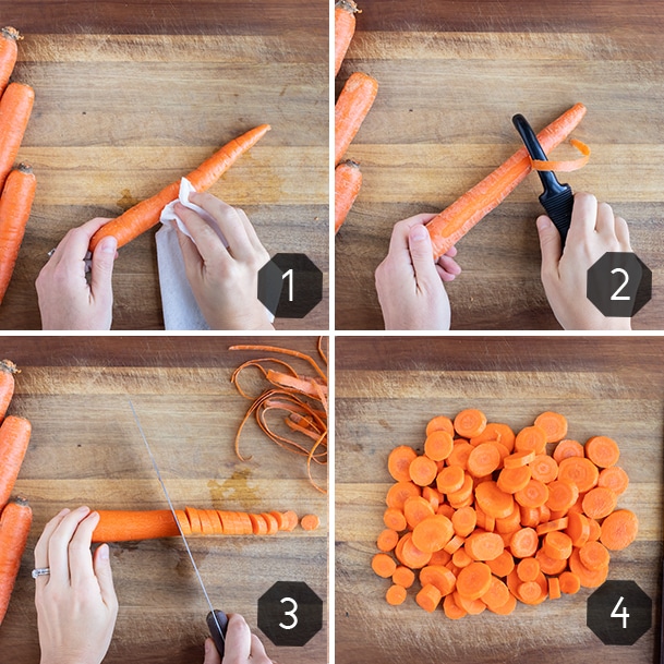 Instructional pictures for how to slice and peel carrots.