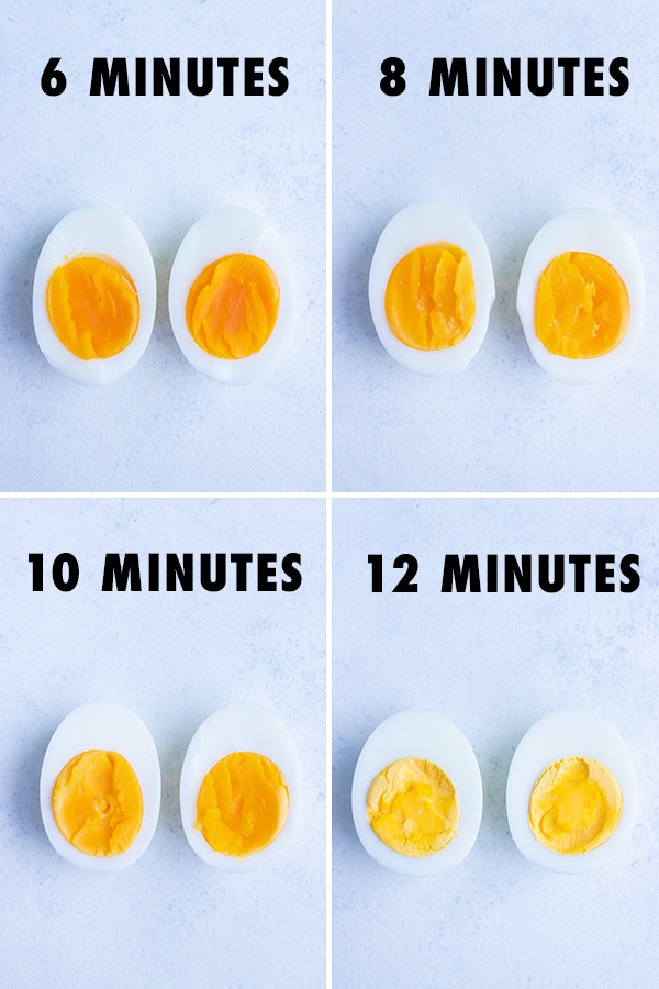 A collage of hard boiled eggs shows the difference in cooking time.