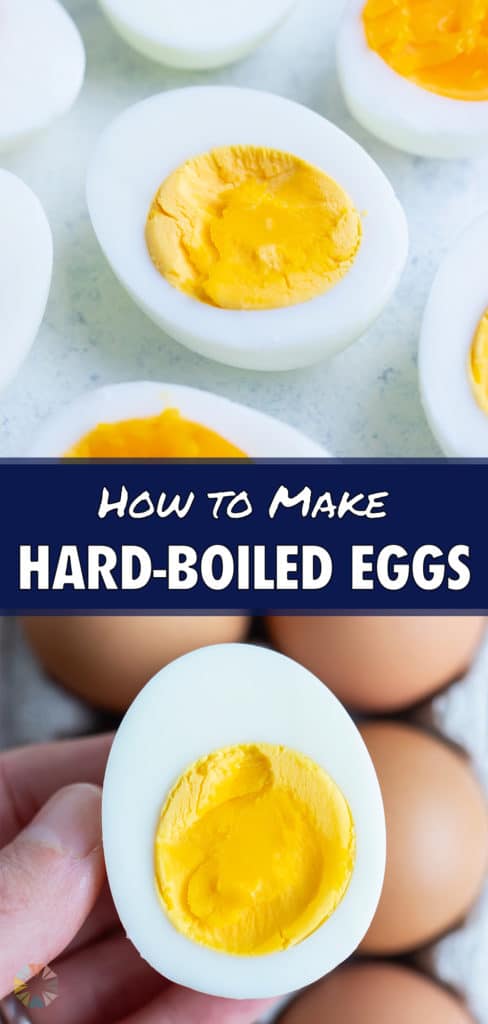A perfect hard-boiled egg is held by a hand with more eggs behind it.