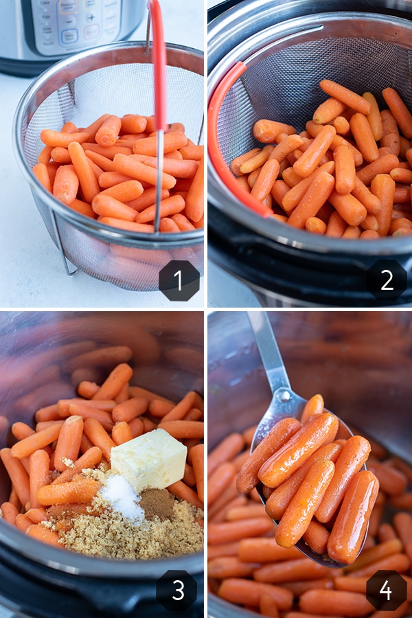 Instructional pictures show how to make instant pot glazed carrots.