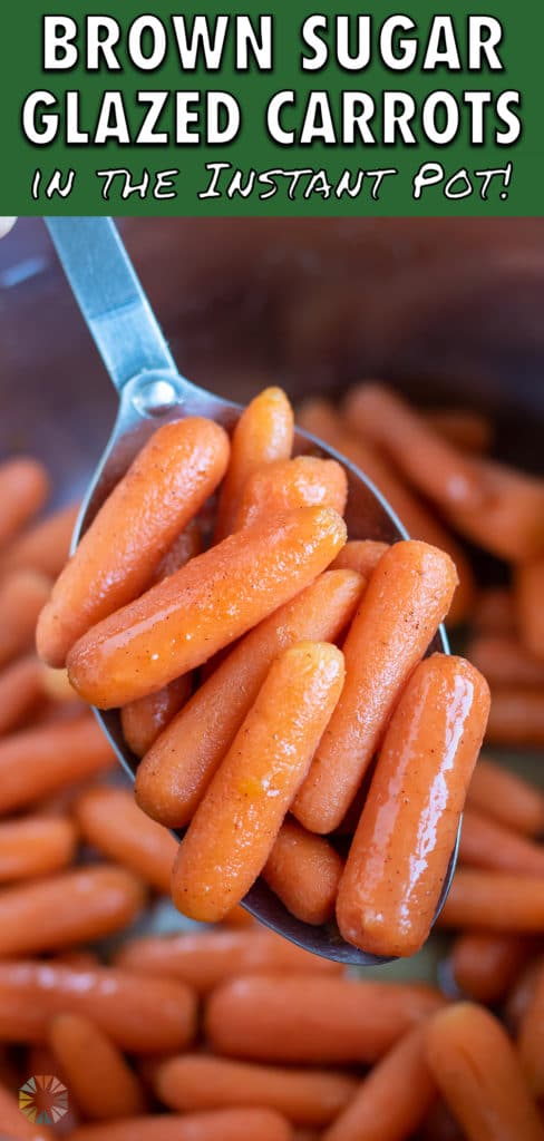 Glazed carrots are lifted out of the instant pot by a metal spoon.