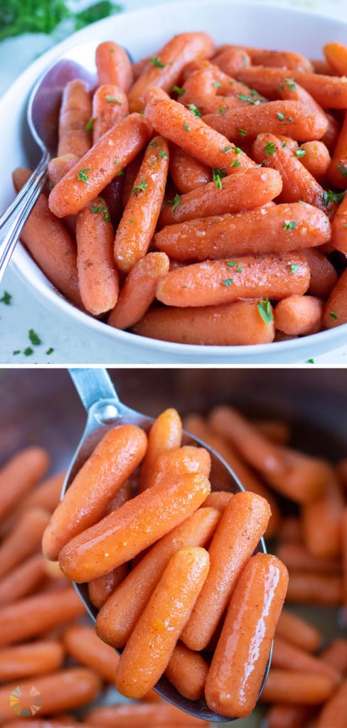 Glazed carrots made in the pressure cooker are served in a white bowl with a spoon.