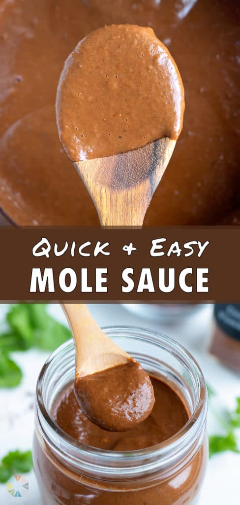Mole sauce in a pot is lifted out by a wooden spoon.