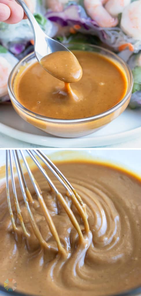 Thai peanut sauce is served with a spoon with fresh spring rolls.