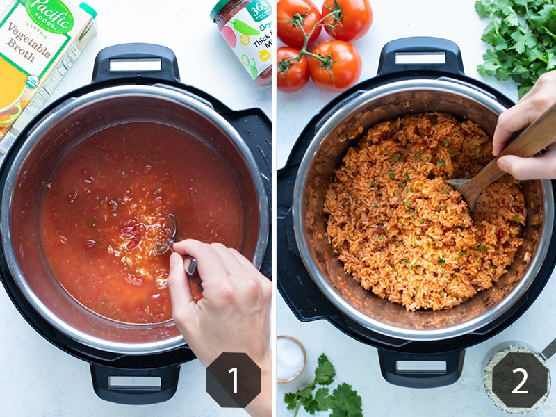 Side by side pictures show how to make Instant Pot Mexican Rice.