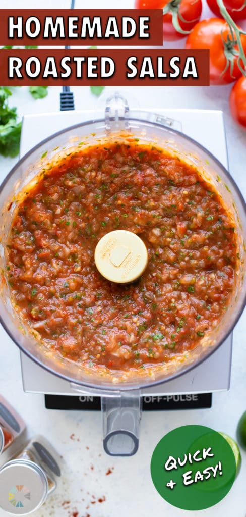 Food processor is used to combine the roasted salsa ingredients.