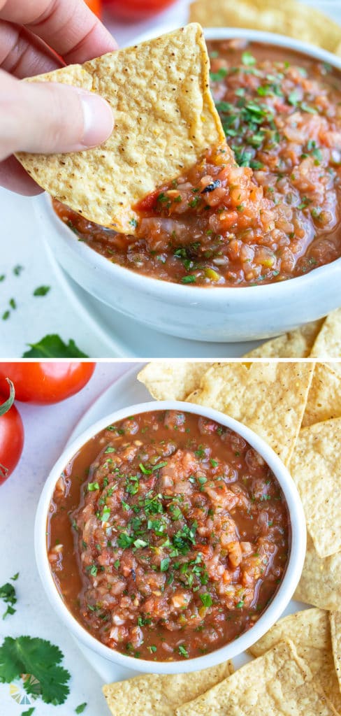 Tortilla chips are served with a big bowl of homemade salsa.