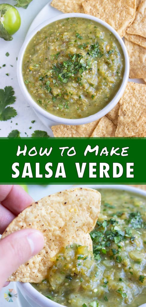 A bowl of healthy salsa verde is served with chips for an appetizer.