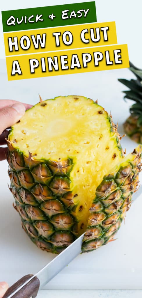 The rough pineapple skin is removed with a knife.