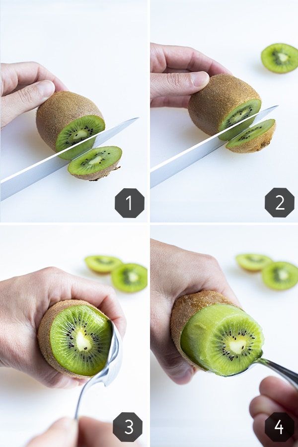 Instructional pictures for how to peel kiwi with a spoon.