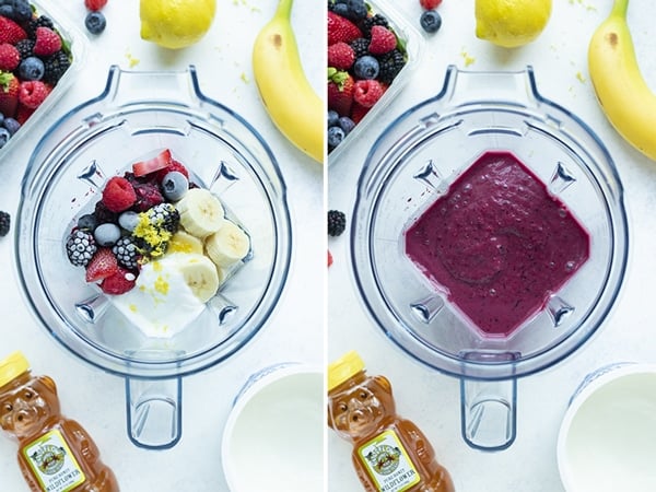 Side by side pictures show how to make a mixed berry smoothie.