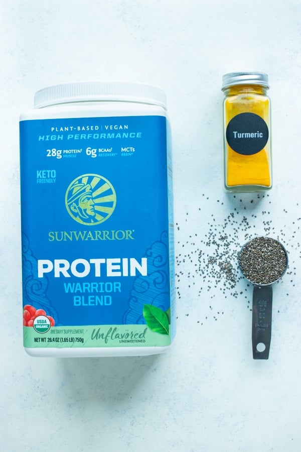 Protein powder, chia seeds, and turmeric are ingredients that can be added.