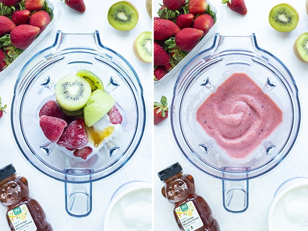 Step by step pictures show how to make a creamy strawberry kiwi smoothie.